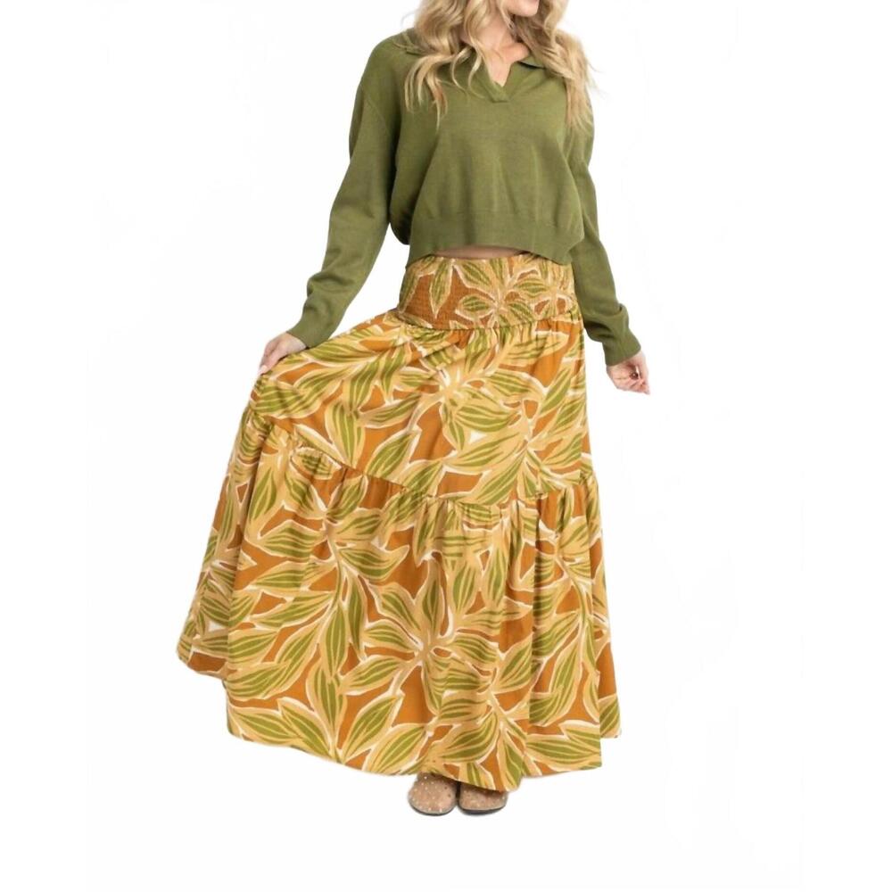 NEW KARLIE desert palm smocked tier skirt in tan